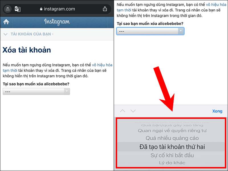 Chọn lý do xóa tài khoản